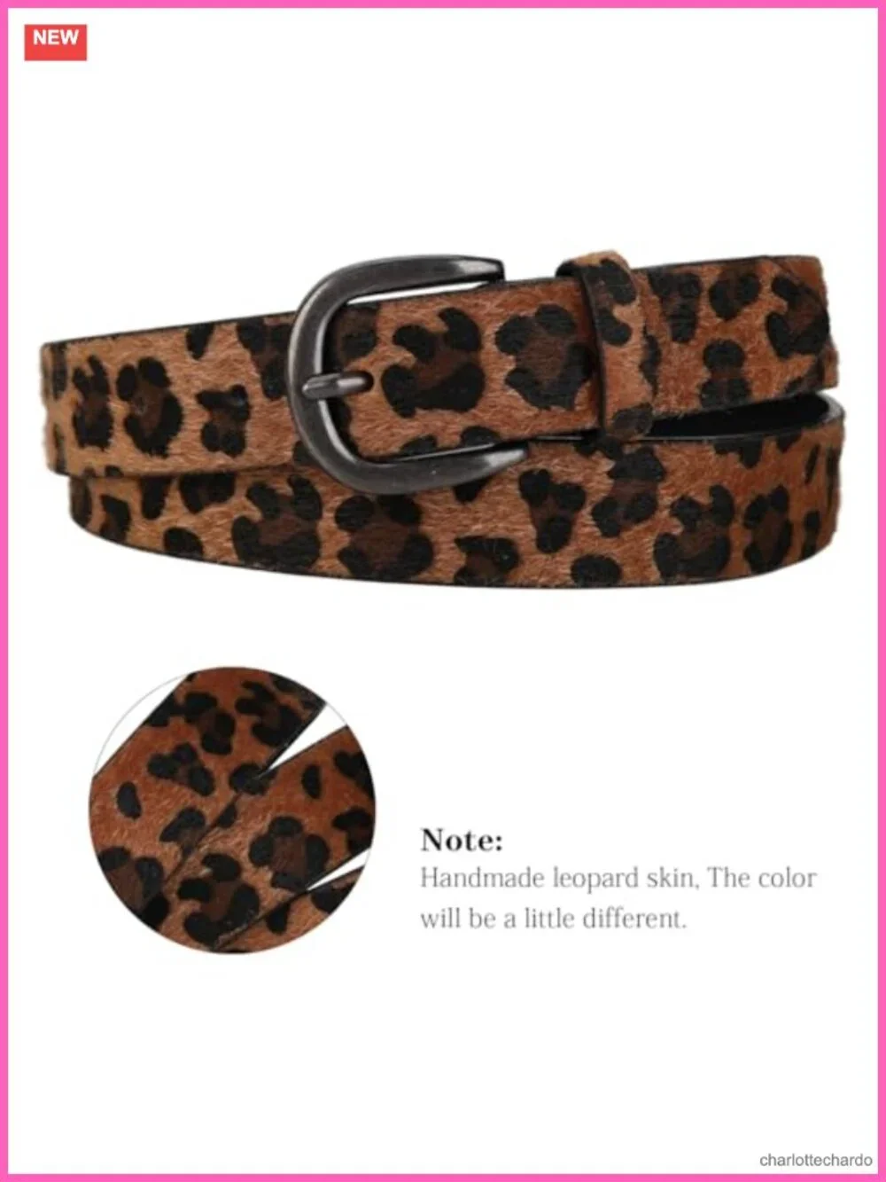 Faux Leather Skinny Belt for Women - Leopard Print Glossy Black Buckle Waist